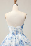 Branco Azul Flor A-Line Strapless estampado frisado Homecoming Dress