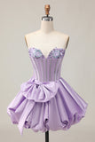 Sparkly Purple A-Line Strapless Sequins Vestido Curto Homecoming com Arco