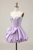 Sparkly Purple A-Line Strapless Sequins Vestido Curto Homecoming com Arco
