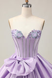 Sparkly Purple A-Line Strapless Sequins Vestido Curto Homecoming com Arco