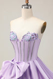 Sparkly Purple A-Line Strapless Sequins Vestido Curto Homecoming com Arco