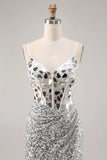 Corset Prata V Pescoço Bodycon Espelho Homecoming Dress