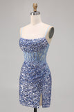 Corset Cinza Azul Bodycon Vestido Homecoming Sequin