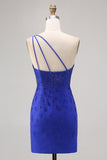 Azul Real Bodycon Um Ombro Mini Vestido Cocktail