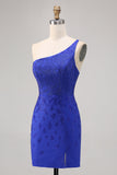Azul Real Bodycon Um Ombro Mini Vestido Cocktail