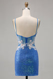 Brilhante Flores Azul Bodycon Lantejoulas Mini Vestido Cocktail