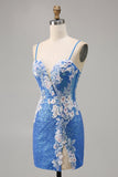 Brilhante Flores Azul Bodycon Lantejoulas Mini Vestido Cocktail
