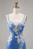 Brilhante Flores Azul Bodycon Lantejoulas Mini Vestido Cocktail