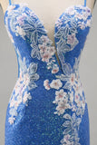 Brilhante Flores Azul Bodycon Lantejoulas Mini Vestido Cocktail
