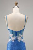 Brilhante Flores Azul Bodycon Lantejoulas Mini Vestido Cocktail