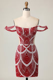 Vestido vermelho fora do ombro Bodycon Homecoming com lantejoulas