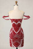 Vestido vermelho fora do ombro Bodycon Homecoming com lantejoulas