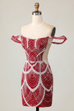 Fora do ombro Bodycon vestido vermelho Homecoming com lantejoulas