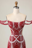 Fora do ombro Bodycon vestido vermelho Homecoming com lantejoulas