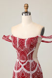 Fora do ombro Bodycon vestido vermelho Homecoming com lantejoulas