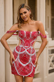 Vestido vermelho fora do ombro Bodycon Homecoming com lantejoulas