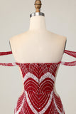 Fora do ombro Bodycon vestido vermelho Homecoming com lantejoulas