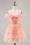 Bonito Blush Tiered Uma linha Homecoming Dress com flores 3D