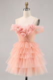 Bonito Blush Tiered Uma linha Homecoming Dress com flores 3D