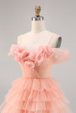 Bonito Blush Tiered Uma linha Homecoming Dress com flores 3D