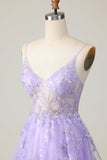 Vestido roxo A Line Tulle Homecoming com apliques