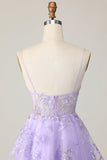 Vestido roxo A Line Tulle Homecoming com apliques