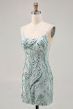 Green Bodycon Esparguete Correias Frisado Homecoming Dress com Sequins