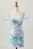 Bodycon flor azul branca fora do ombro Sequins vestido curto Homecoming