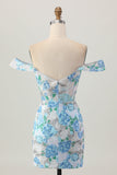 Bodycon flor azul branca fora do ombro Sequins vestido curto Homecoming