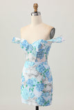 Bodycon flor azul branca fora do ombro Sequins vestido curto Homecoming