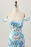 Bodycon flor azul branca fora do ombro Sequins vestido curto Homecoming