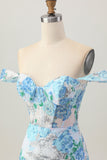 Bodycon flor azul branca fora do ombro Sequins vestido curto Homecoming