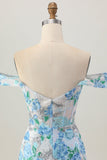 Bodycon flor azul branca fora do ombro Sequins vestido curto Homecoming