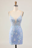Bodycon azul claro Sequins floral Homecoming vestido com apliques