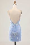 Bodycon azul claro Sequins floral Homecoming vestido com apliques