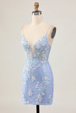 Bodycon azul claro Sequins floral Homecoming vestido com apliques
