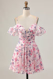 Rosa Floral Uma Linha Ombro Frio Short Homecoming Dress