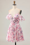 Rosa Floral Uma Linha Ombro Frio Short Homecoming Dress
