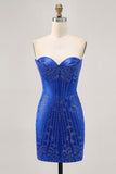 Strapless Royal Blue Frisado Bodycon Vestido Curto Homecoming