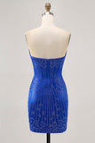Strapless Royal Blue Frisado Bodycon Vestido Curto Homecoming