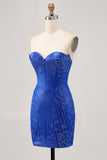 Strapless Royal Blue Frisado Bodycon Vestido Curto Homecoming