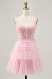 Rosa sem alças Uma linha Corset Homecoming Dress com apliques