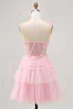 Rosa sem alças Uma linha Corset Homecoming Dress com apliques