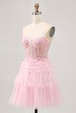 Rosa sem alças Uma linha Corset Homecoming Dress com apliques