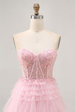 Rosa sem alças Uma linha Corset Homecoming Dress com apliques
