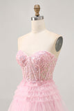 Rosa sem alças Uma linha Corset Homecoming Dress com apliques
