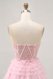 Rosa sem alças Uma linha Corset Homecoming Dress com apliques
