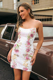 Sequins Floral Strapless Bodycon Vestido Branco Homecoming