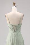 Sage Green Lace Corset Uma linha longo vestido de dama de honra