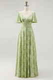 Verde Floral Uma Linha Vestido Dama de Honra Manga Curta